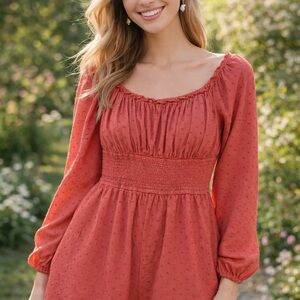 Urban Outfitters Coral Swiss Dot Romper Size L Boho Cottagecore Smocked Waist